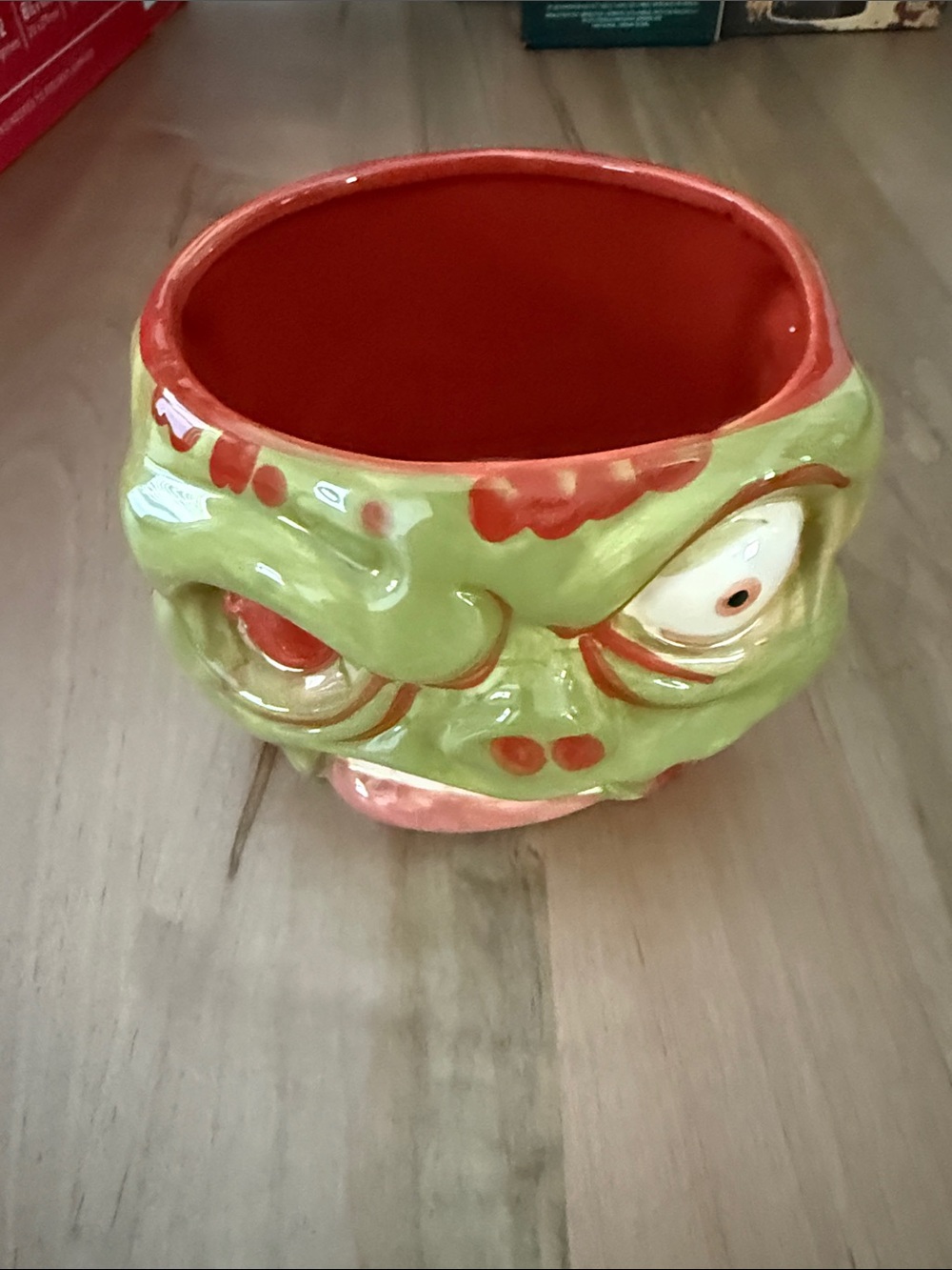 Playful Green Monster Ceramic Planter with Red Interior